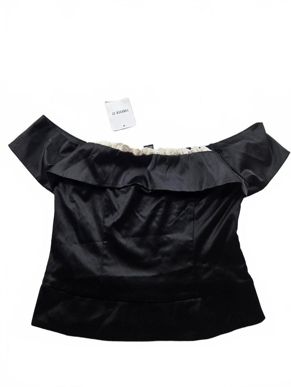 Forever 21 Black Off-Shoulder Ruffle Satin Crop Top